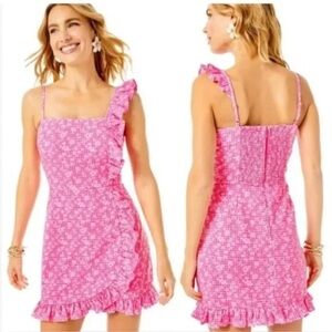 Lilly Pulitzer Pink Gingham Floral Ruffle Mini Dress Asymmetrical Wrap‎ Sheath